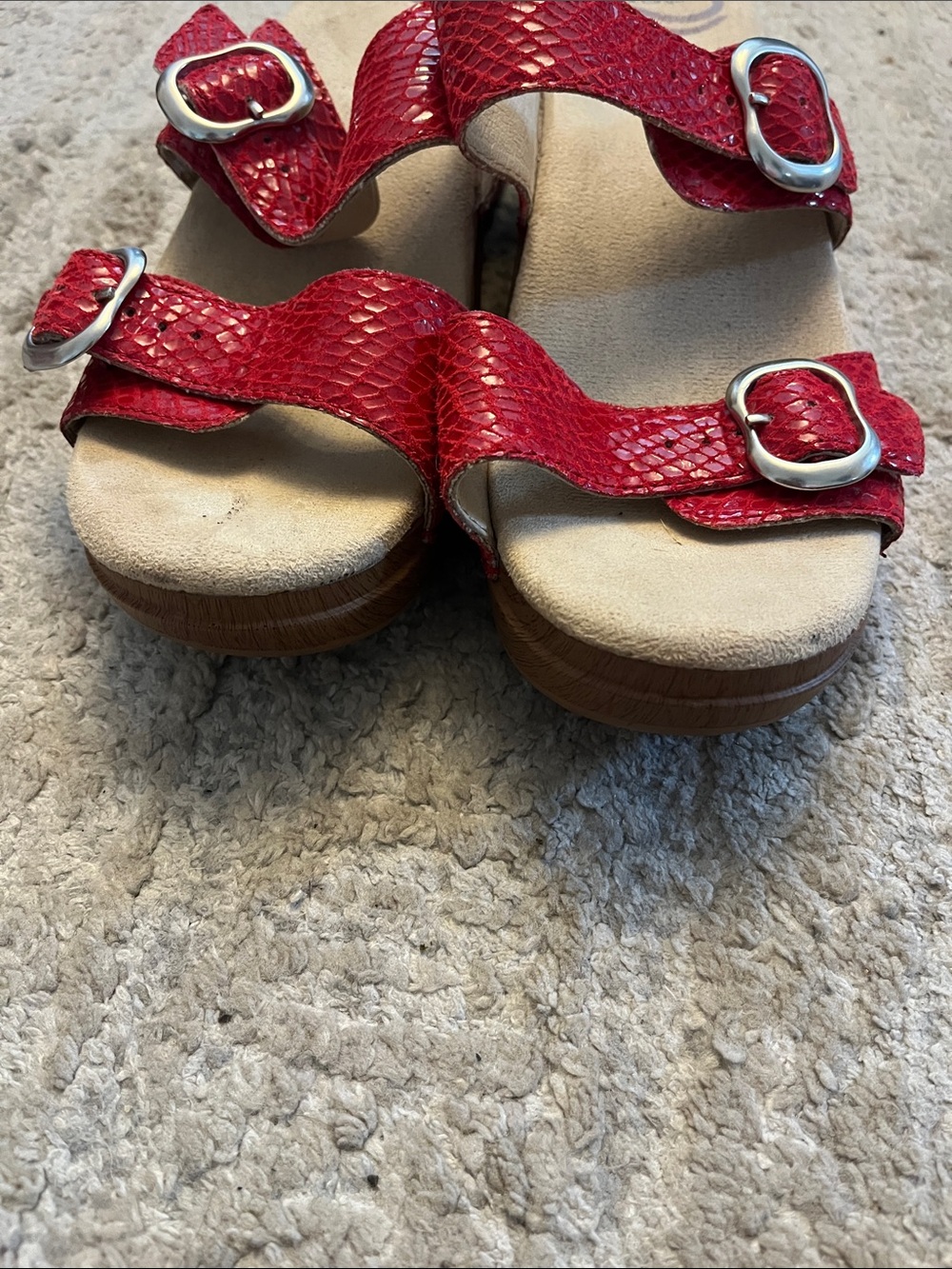 Dansko Sophie Red Snake Print Adjustable Leather 2” Mule Wedge Sandals 37 - Picture 4 of 7